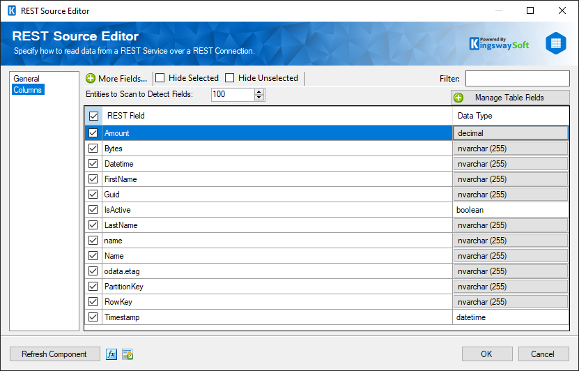 SSIS Azure Tables REST Source - Columns